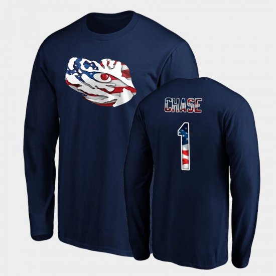 #1 Ja\'Marr Chase Banner Wave LSU Long Sleeve Men Navy T-Shirt 909368-688