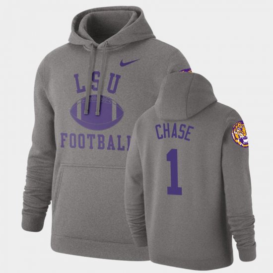 #1 Ja\'Marr Chase Retro Football LSU Tigers Pullover Men\'s Heathered Gray Hoodie 507286-260