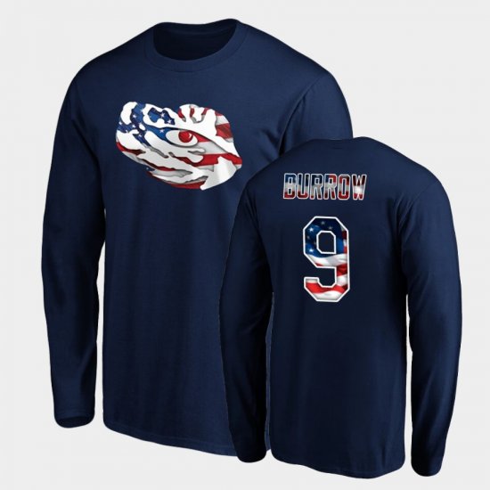 #9 Joe Burrow Banner Wave Louisiana State Tigers Long Sleeve Mens Navy T-Shirt 425556-652
