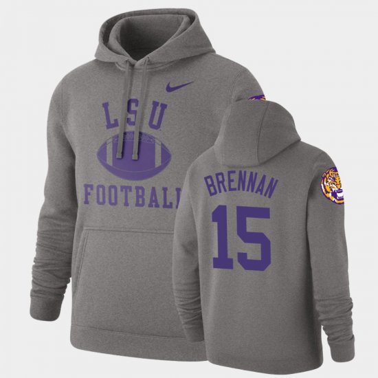 #15 Myles Brennan Retro Football LSU Tigers Pullover Mens Heathered Gray Hoodie 477450-770