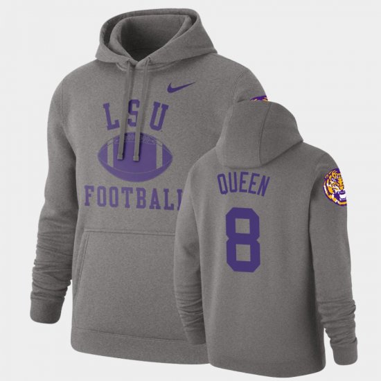 #8 Patrick Queen Retro Football Louisiana State Tigers Pullover Men\'s Heathered Gray Hoodie 394026-378