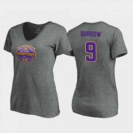 #9 Joe Burrow 2019 National Champions LSU Tigers V-Neck Visor Women\'s Heather Gray T-Shirt 498932-617